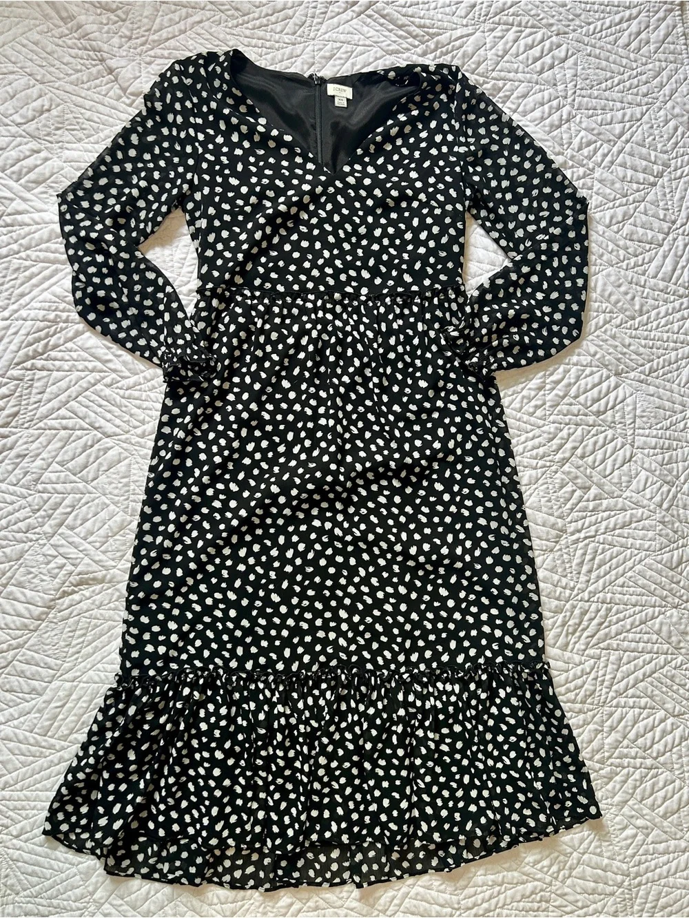J. Crew Black & White Polka Dot Long Sleeve Midi Dress With Ruffle